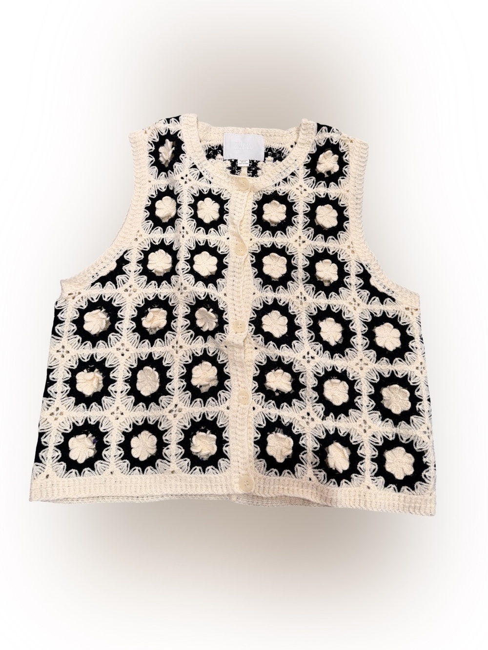 Zara Crochet Floral Square Button-Front Vest - Cream & Black
